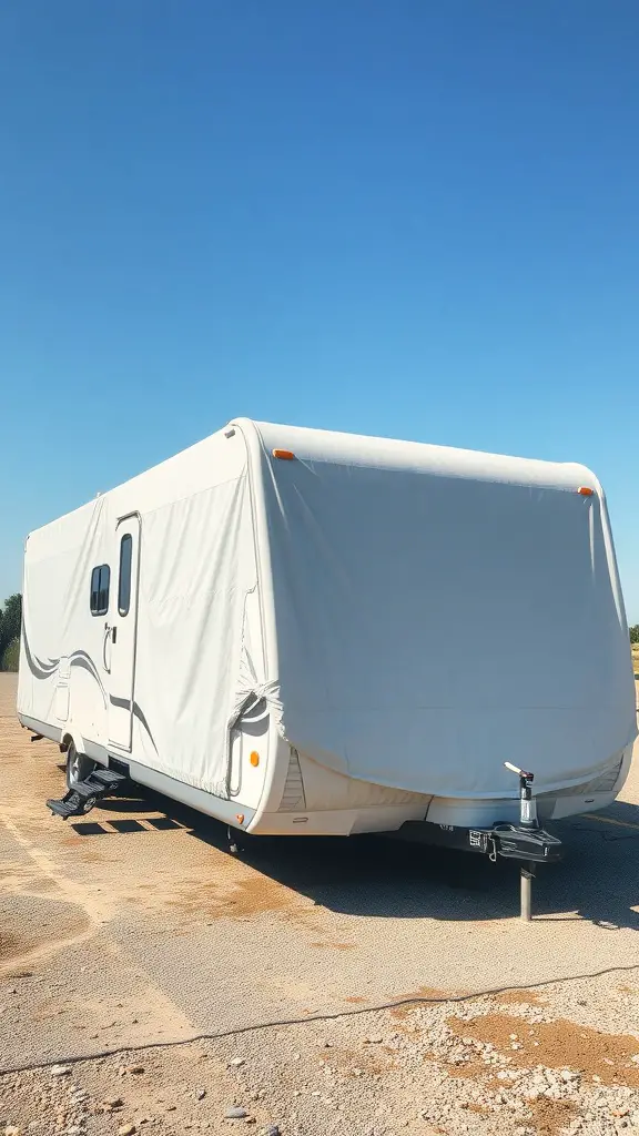 15+ Stylish RV Covers with Deck Designs to Elevate Your Outdoor Space 10 An RV covered with a protective cover, showcasing its importance for UV protection.