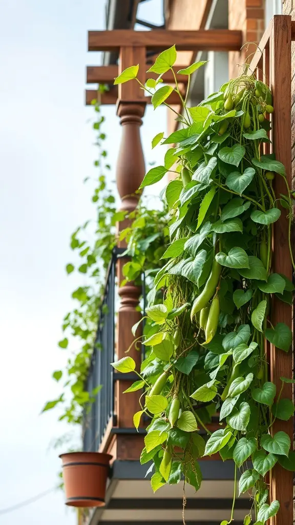 A balcony with a wooden trellis supporting climbing green plants.