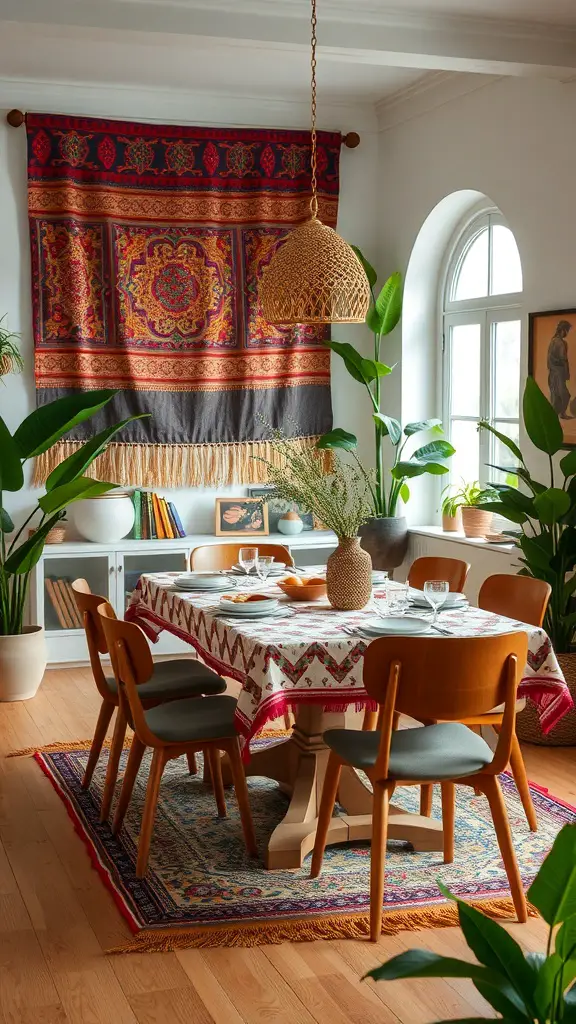 A cozy dining room with a vibrant tablecloth, wooden chairs, a tapestry on the wall, and plants around.