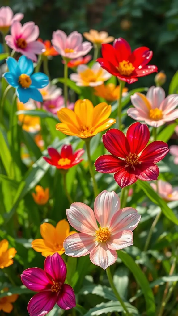 Colorful glass flowers in a garden setting