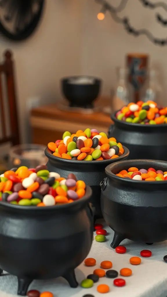 23+ Spooky DIY Outdoor Halloween Decorations to Enchant Your Yard 17 Colorful candies in black cauldron candy holders for Halloween