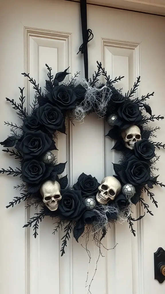 21+ Spooky and Creative Halloween Crafts for Adults 10 A gothic wreath featuring black roses, skulls, and spider web decorations, hanging on a door.