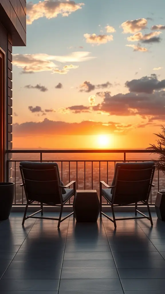 A balcony with two lounge chairs facing a sunset over the city.