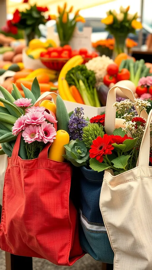 37+ Charming Fall Sewing Projects to Cozy Up Your Home 14 Colorful tote bags filled with flowers and produce at a harvest market.