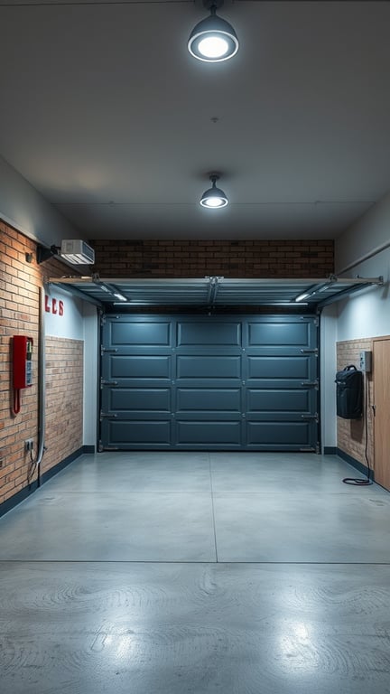 21+ Innovative Garage Layout Ideas You'll Love 15 A modern garage with bright lighting and a clean layout, showcasing smart garage technology.