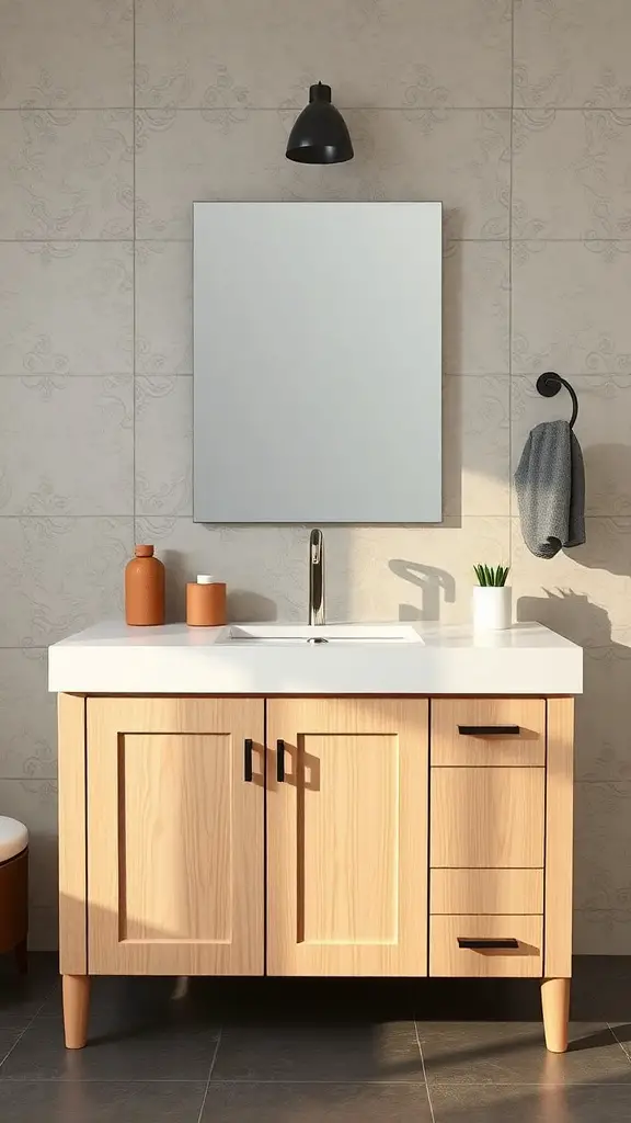23+ Creative Under Sink Bathroom Organization Ideas with 15 Must-Have Items 15 Modern bathroom vanity with white countertop and wood cabinetry.