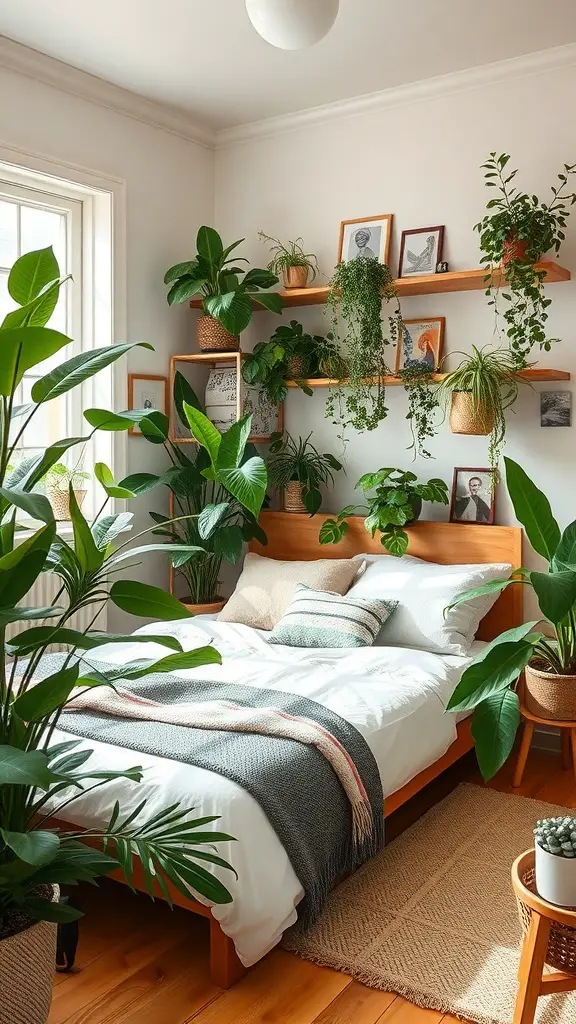Cozy bedroom filled with various plants, showcasing a natural and inviting atmosphere.