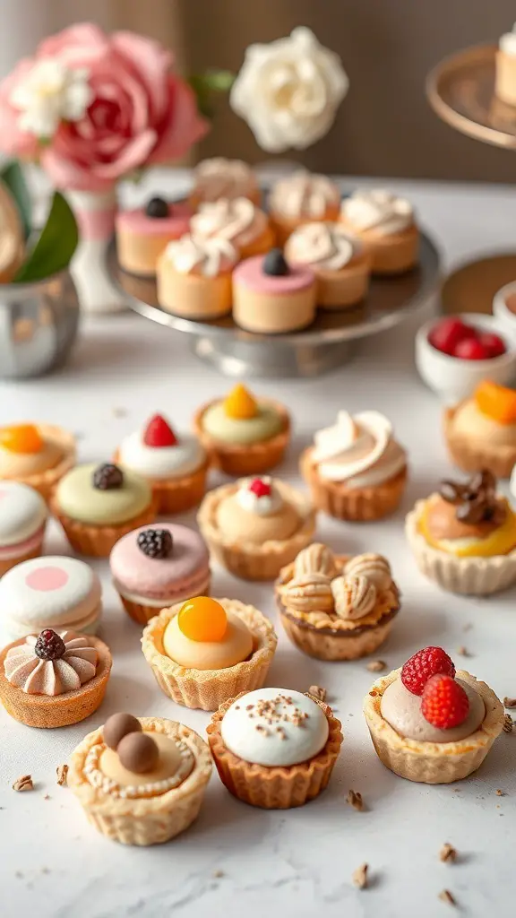 21+ Delightful Garden Tea Party Ideas for Your Next Event 16 A variety of mini desserts arranged on a table, featuring colorful tarts and cupcakes.