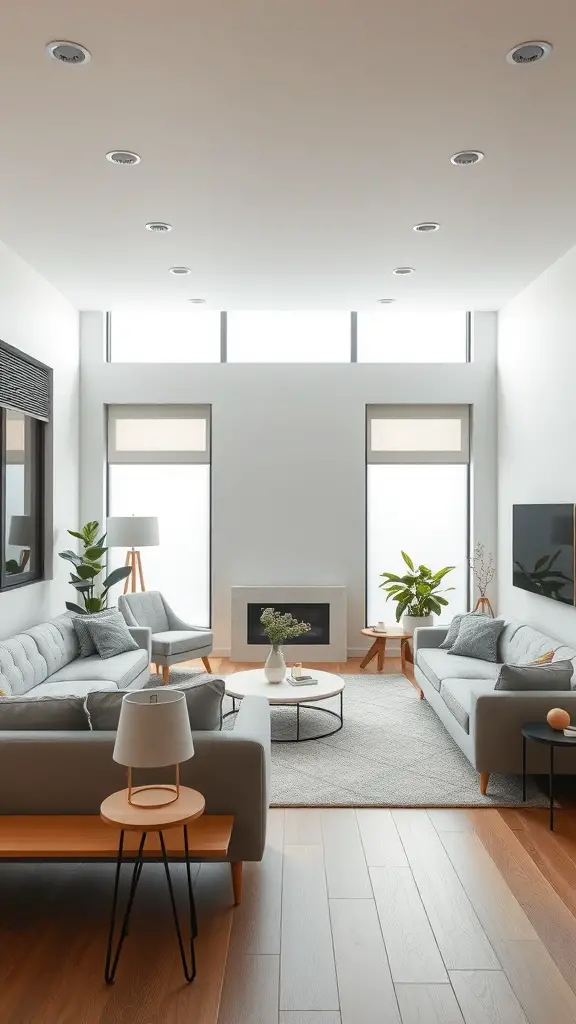 25+ Stylish Bloxburg Living Room Ideas You’ll Love 8 A modern minimalist living room featuring light gray sofas, wooden accents, and large windows.
