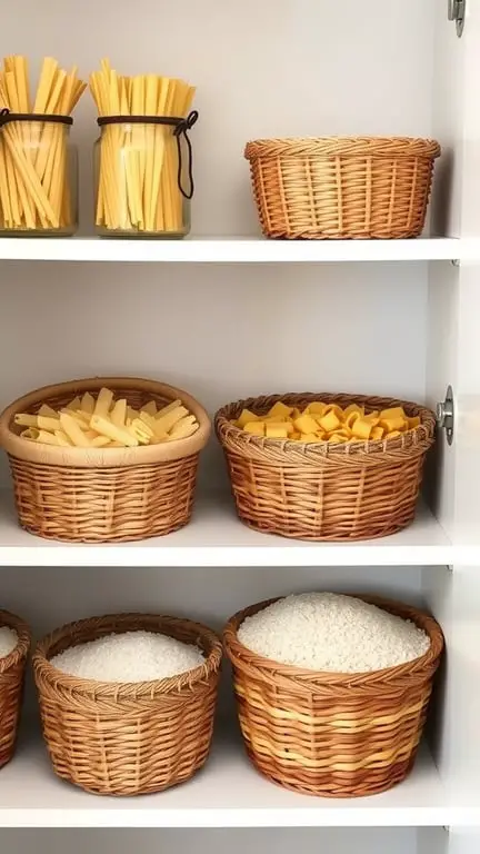 A pantry shelf with baskets containing pasta and rice, organized for easy access.