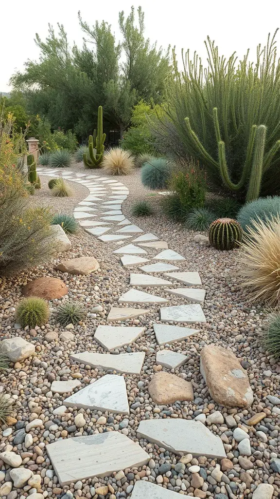 27+ Creative Xeriscape Landscaping Ideas for a Sustainable Garden 11 A winding stone pathway through a xeriscape garden with various drought-resistant plants.