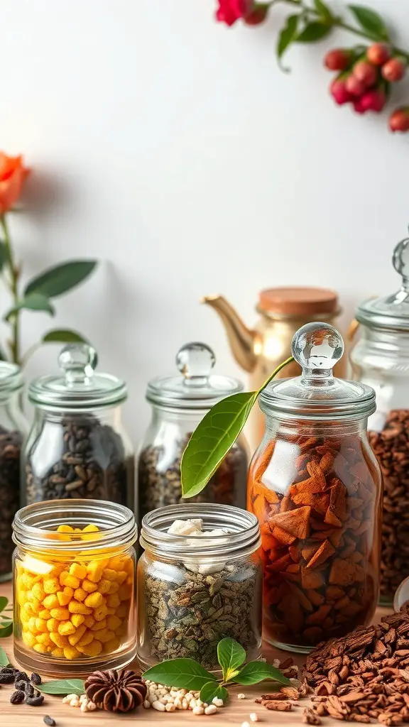 21+ Delightful Garden Tea Party Ideas for Your Next Event 12 A collection of jars filled with various tea ingredients, including spices and dried fruits, set against a floral backdrop.