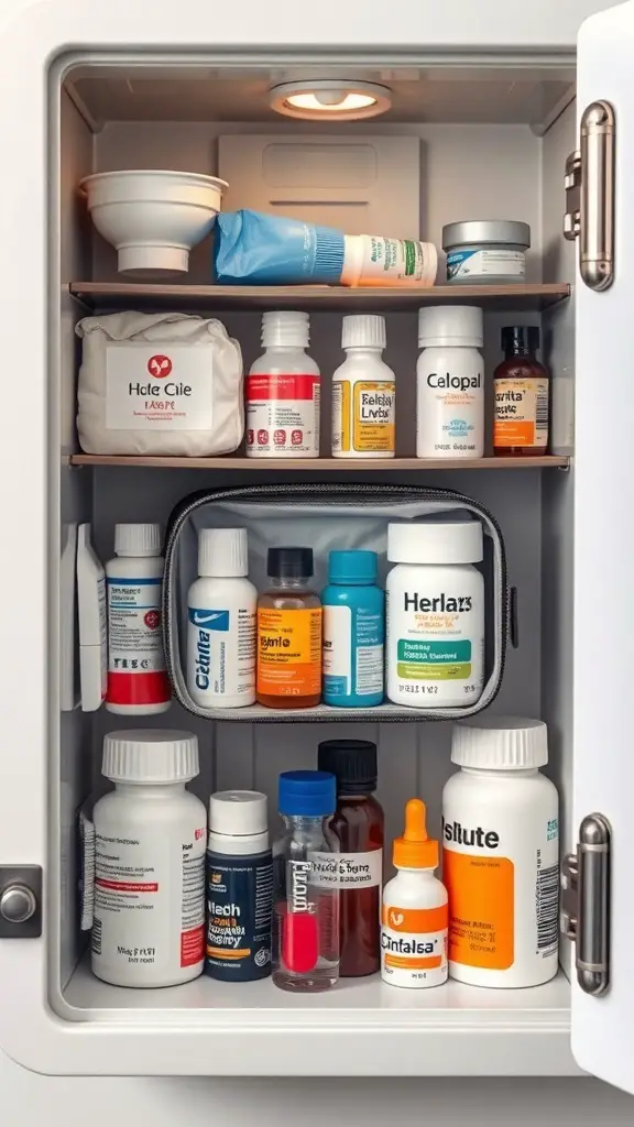 An organized medicine cabinet displaying various medications and health supplies.