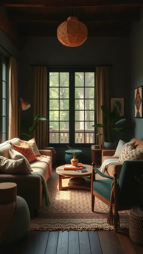 A dark boho living room featuring earthy tones, cozy furniture, and plants.
