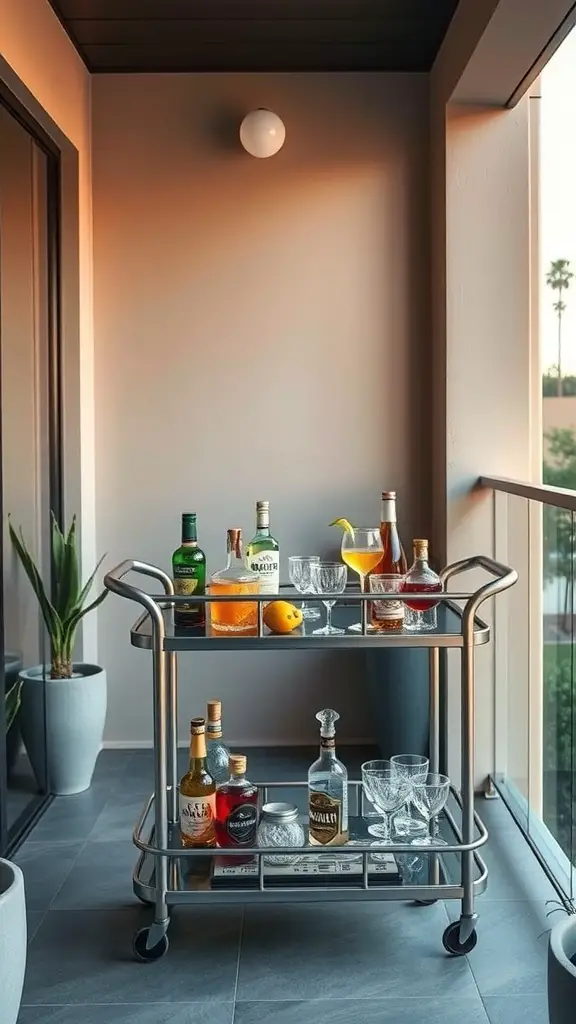 23+ Stylish Apartment Balcony Ideas for Your Outdoor Oasis 15 A stylish portable bar cart on an apartment balcony, featuring various bottles of spirits and glasses.