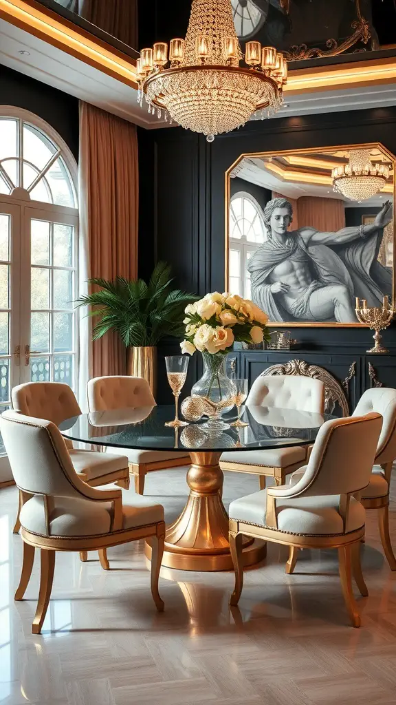 Luxurious dining room with a glass table, plush chairs, and a sparkling chandelier.