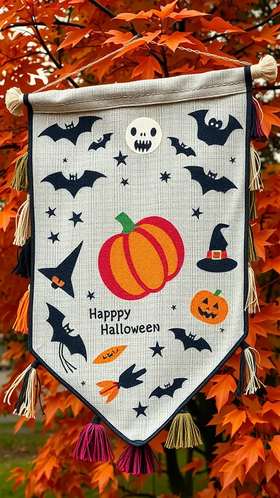 21+ Spooky and Creative Halloween Crafts for Adults 16 A black fabric banner with orange text that says 'Happy Halloween' hanging among autumn leaves.