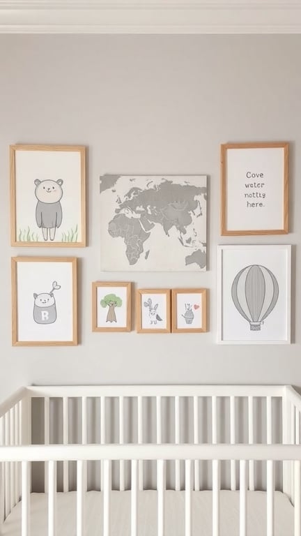 27+ Adorable Gender Neutral Baby Nursery Ideas You’ll Love 7 A gender neutral nursery wall featuring framed art including animals, a world map, and playful phrases.