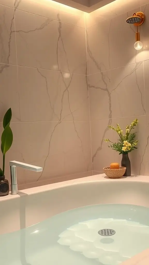 25+ Spa Bathroom Ideas for a Relaxing Retreat at Home 12 A serene bathroom with a soaking tub, soft lighting, and decorative elements.