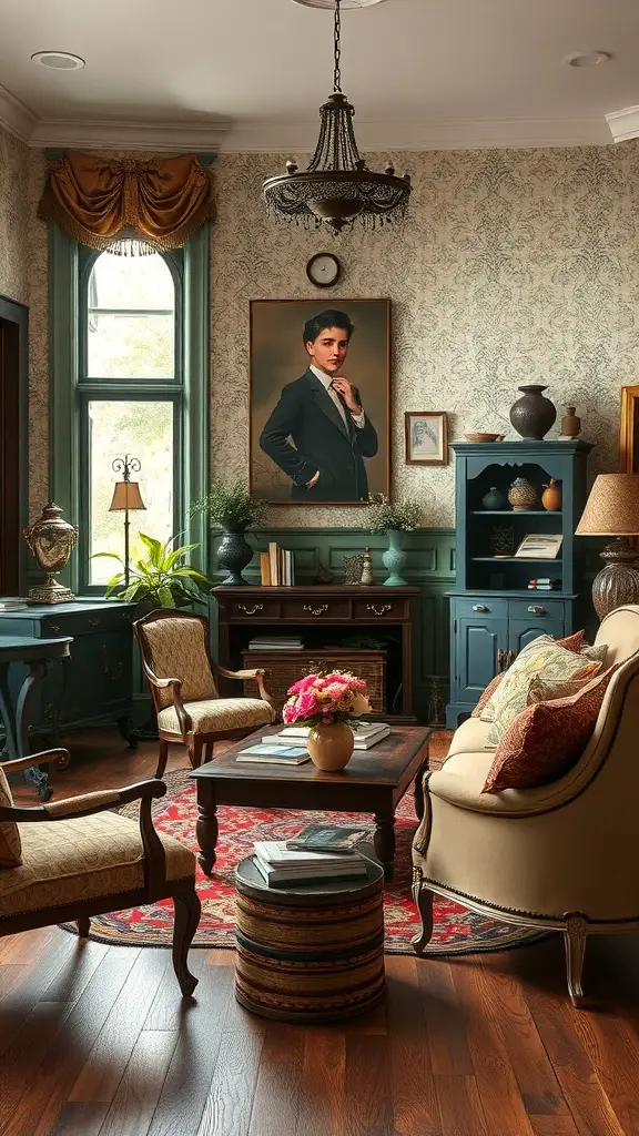 25+ Stylish Bloxburg Living Room Ideas You’ll Love 5 A vintage-inspired living room featuring elegant furniture, a chandelier, and a striking portrait.