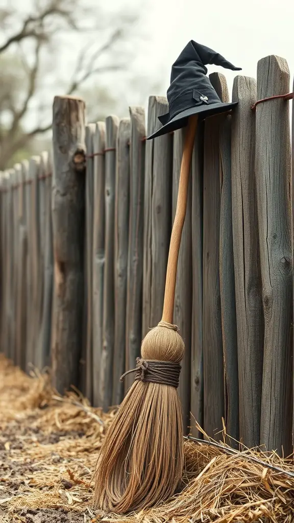 23+ Spooky DIY Outdoor Halloween Decorations to Enchant Your Yard 7 A broomstick with a black witch's hat leaning against a wooden fence, surrounded by straw.
