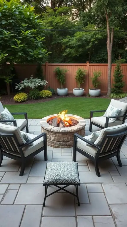 21+ Stunning Firepit Backyard Landscaping Ideas You’ll Love 8 Cozy seating arrangement around a stone firepit with chairs and an ottoman in a backyard setting.