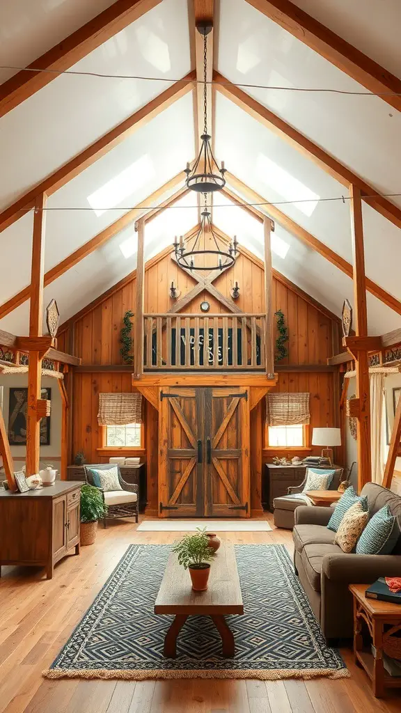 25+ Inspiring Modern Barndominium Ideas You’ll Love 17 Cozy barndominium living room with wooden beams, rustic decor, and comfortable seating.