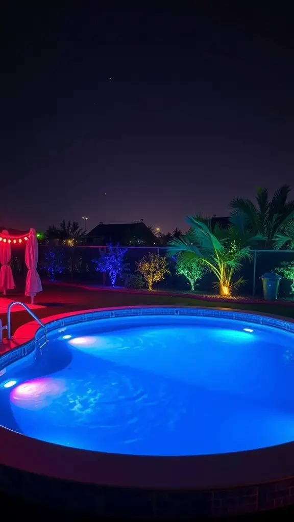 17+Creative Sunken Above Ground Pool Ideas for Your Backyard 5 A beautifully lit above ground pool at night with colorful lights and surrounding greenery.
