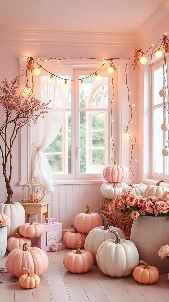 20+ Adorable Pink Pumpkin Baby Shower Ideas 8 A cozy room decorated with pink and white pumpkins, string lights, and pink roses for a baby shower.