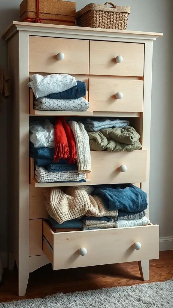 25 Creative Ideas for Dresser Organization with 15 Must-Have Items 6 A neatly organized dresser with folded clothes, showcasing a seasonal rotation for off-season storage.