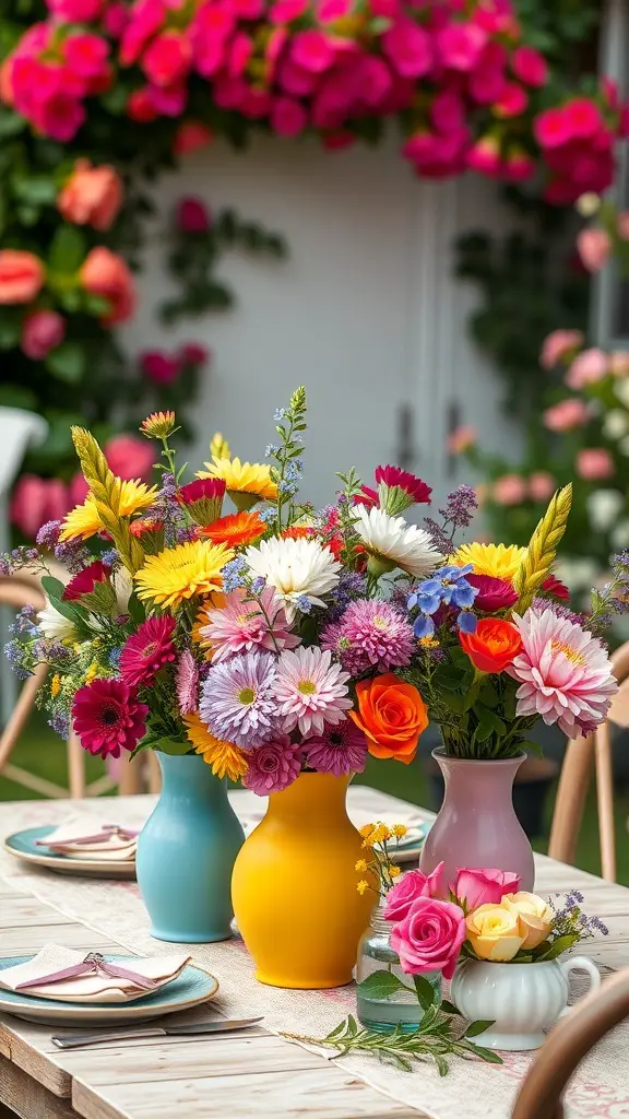 21+ Delightful Garden Tea Party Ideas for Your Next Event 14 Colorful seasonal floral arrangements in vases on a table for a garden tea party.
