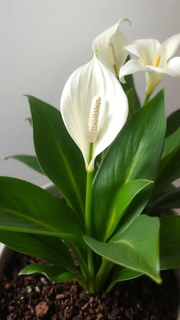 A close-up of a peace lily plant with white flowers and green leaves.