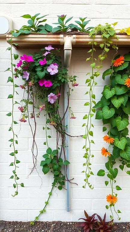 21 Creative Container Garden Ideas for Small Spaces 2 A vibrant gutter garden with colorful flowers and trailing vines.