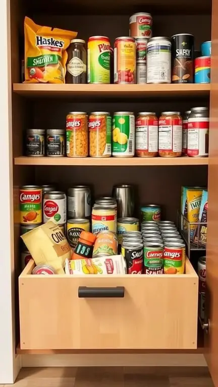 A pantry with pull-out drawers and organized shelves filled with canned goods and snacks.