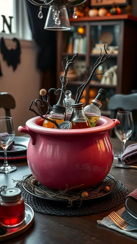 23+ Stunning Pink Halloween Decor Ideas for a Unique Celebration 13 A pink cauldron centerpiece filled with bottles and twigs, surrounded by Halloween decorations.
