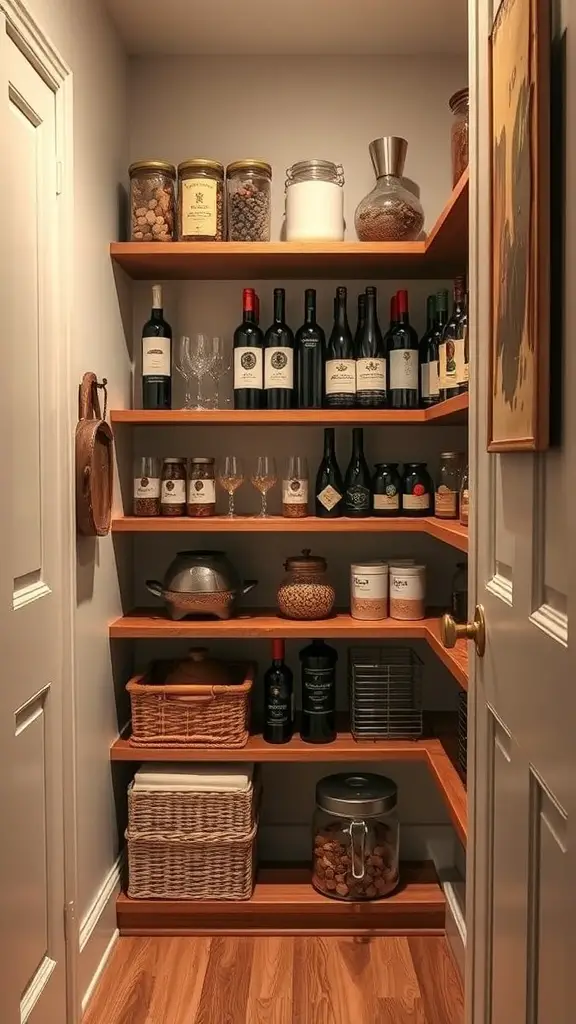 25+ Creative Corner Kitchen Pantry Ideas You’ll Love 8 A corner kitchen pantry with shelves displaying wine bottles, glassware, and various pantry items.
