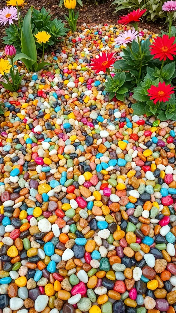 Colorful glass pebbles scattered on the ground surrounded by flowers