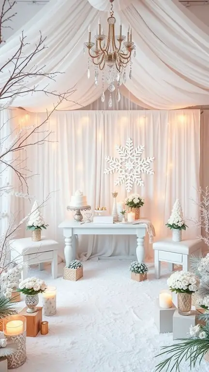 19+ Creative Baby Shower Themes to Celebrate February Babies 10 A beautifully decorated winter wonderland baby shower setup with white drapes, a chandelier, flowers, and a cake.