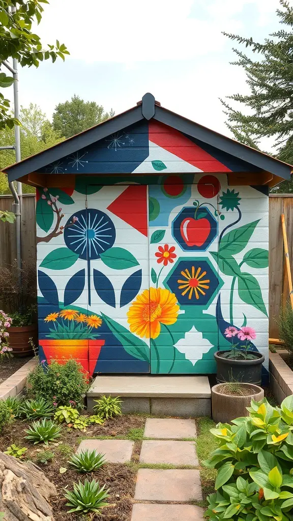 A colorful garden shed with geometric murals and floral designs