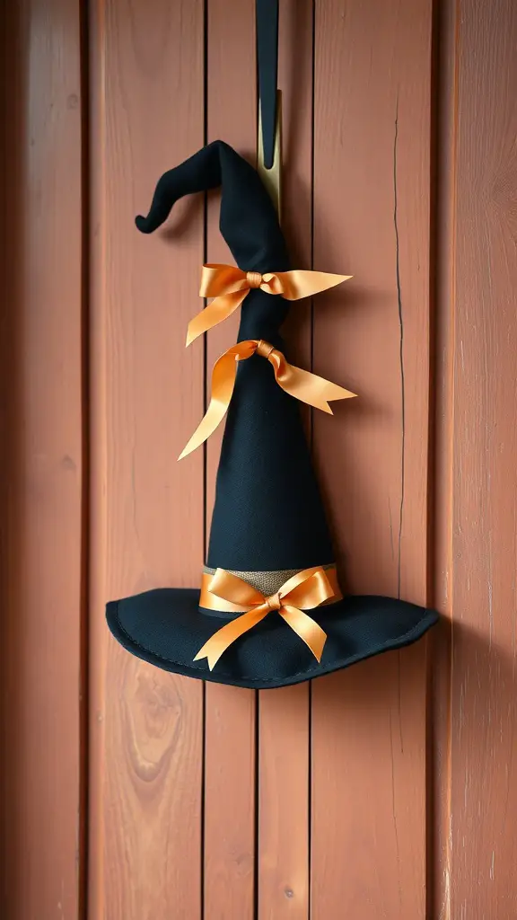 27+ Creative DIY Halloween Decorations You Can Make at Home 8 A black witch hat door hanger with orange ribbons, hanging on a wooden door.