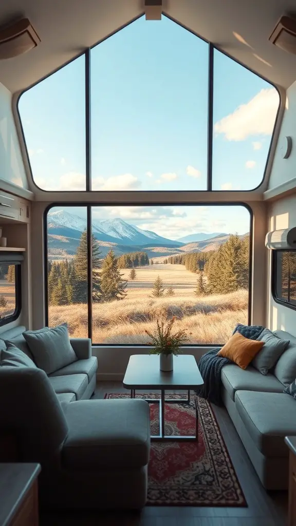 23+ Cozy RV Living Room Ideas for Ultimate Comfort 12 A cozy RV living room with large windows showcasing a beautiful outdoor view.