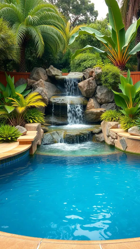 23+ Stunning Semi Inground Pool Ideas for Your Backyard Oasis 4 A semi-inground pool with a waterfall feature surrounded by lush greenery.