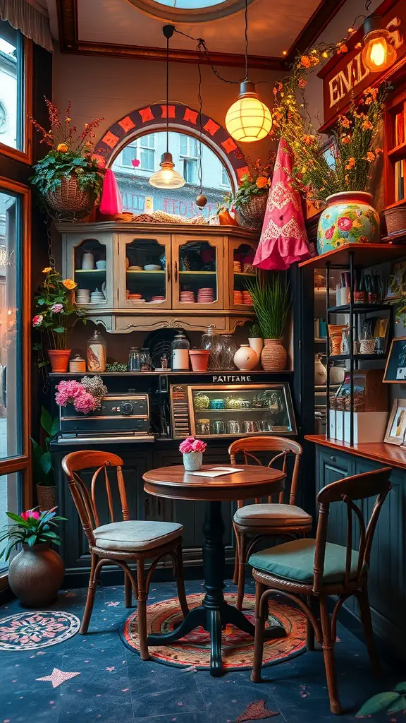 21 Unique Coffee Corner Ideas to Enhance Your Home Decor 13 A cozy coffee corner with vintage furniture, vibrant decor, and potted plants, creating a whimsical fairy tale atmosphere.