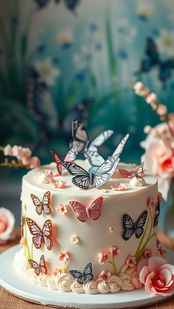 A beautifully decorated butterfly-themed cake with colorful butterfly decorations and floral accents.