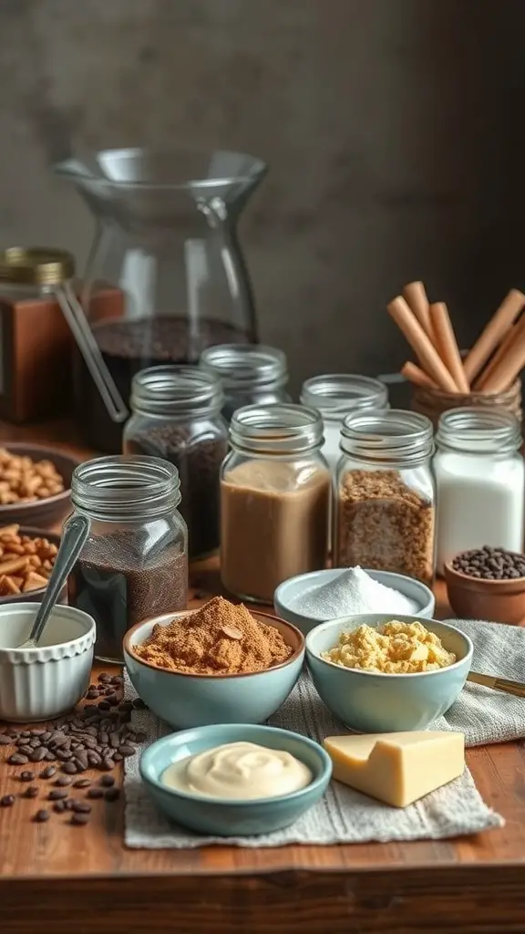 19+ Adorable Coffee-Themed Bridal Shower Ideas You’ll Love 10 A table set up for a DIY coffee scrub station with various ingredients in jars.