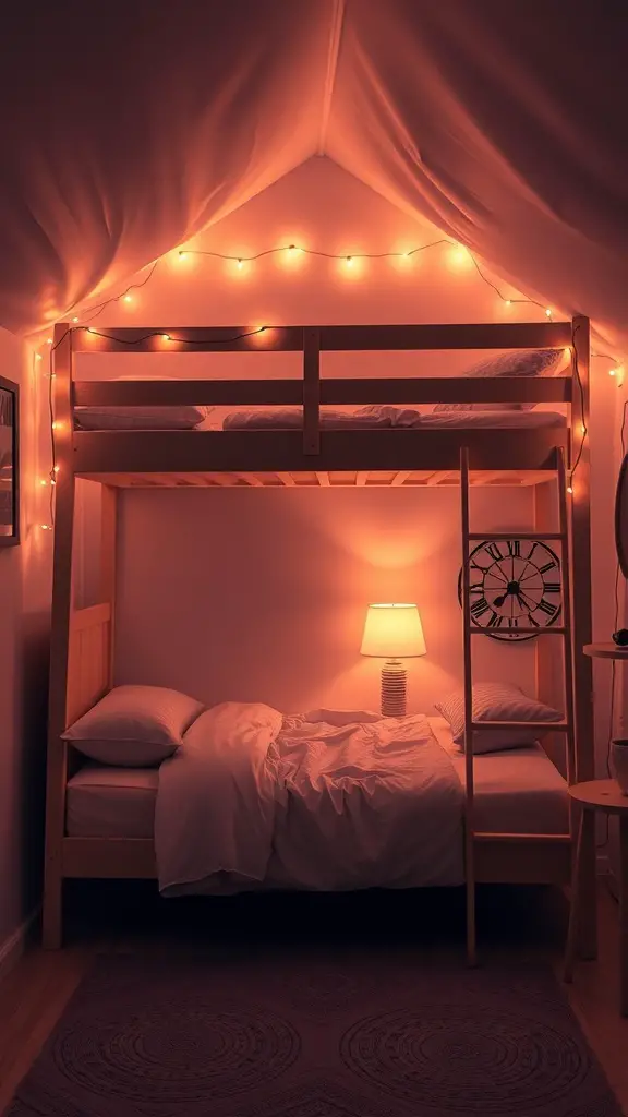 A cozy loft bed area with warm string lights and a bedside lamp, creating a welcoming atmosphere.