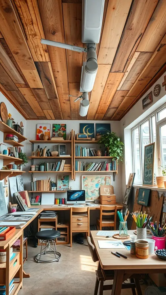 A cozy workspace featuring a pallet wood ceiling, showcasing a warm and inviting atmosphere.
