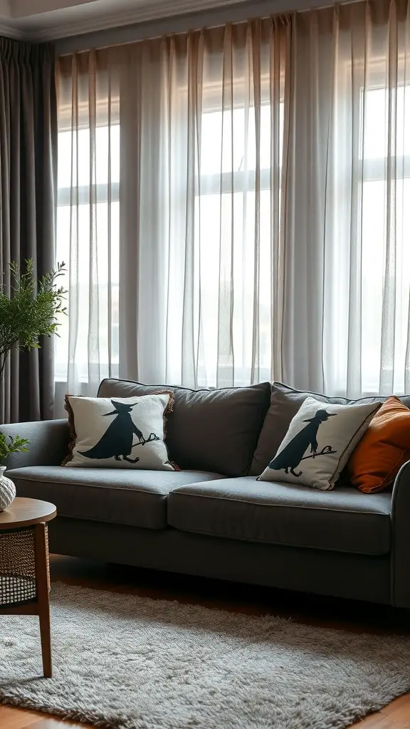 31+ Magical Decor Ideas for a Witchy Living Room 8 A cozy living room with witch-themed textiles, including pillows with witch silhouettes and sheer curtains.