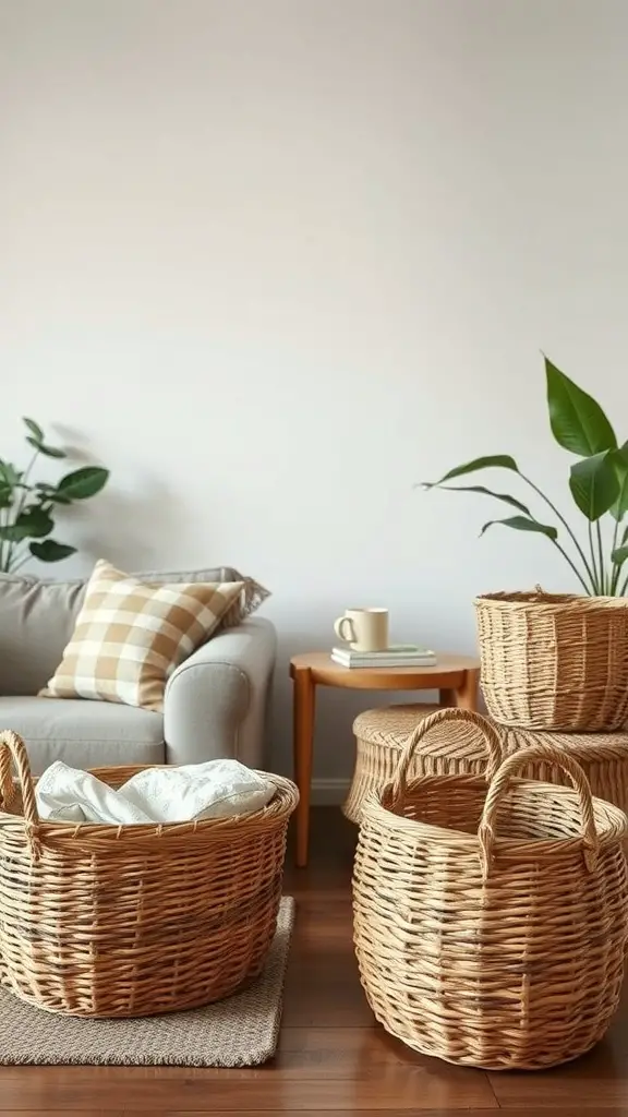 A cozy living room with woven baskets for storage next to a sofa and plants.