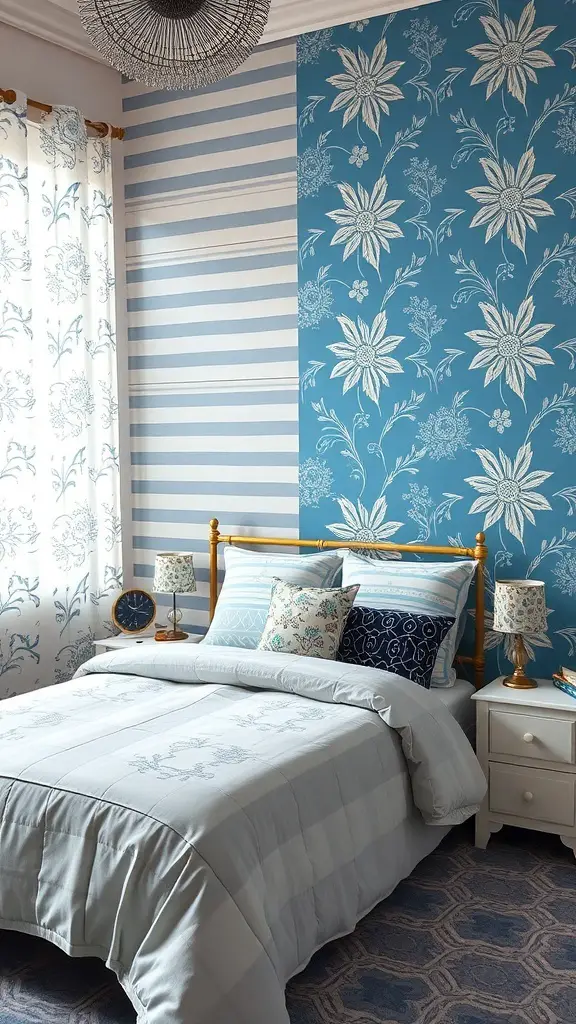 23+ Stunning Blue and Grey Bedroom Ideas You'll Love 8 A blue and grey bedroom featuring floral and striped patterns on the walls and bedding.